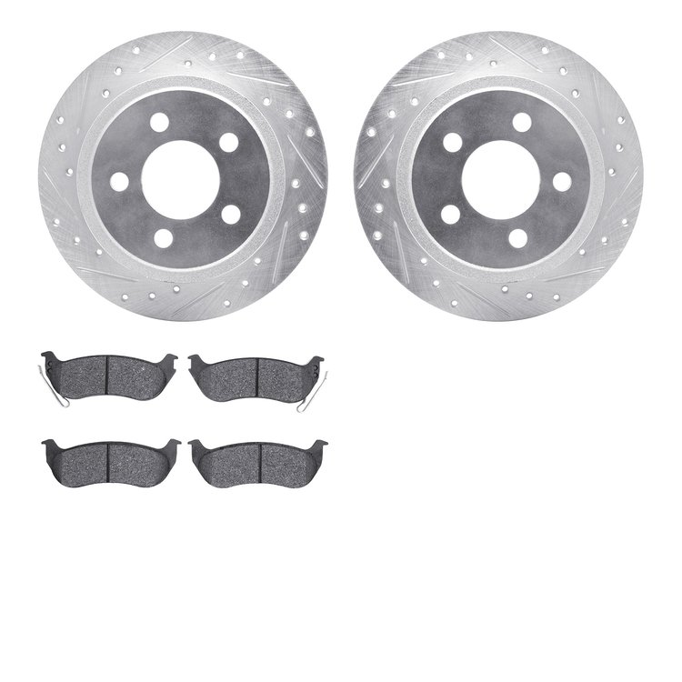 7202-42005 Drilled/Slotted Rotors w/Heavy-Duty Brake Pads Kit [Silver], 2003-2007 Mopar, Position: Rear