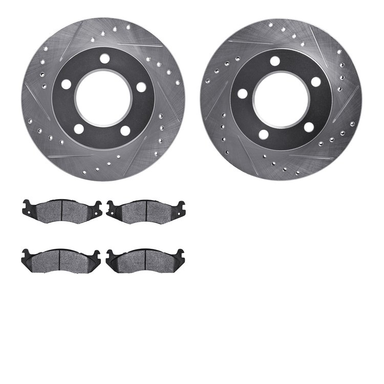 7202-42031 Drilled/Slotted Rotors w/Heavy-Duty Brake Pads Kit [Silver], 1982-1986 Mopar, Position: Front