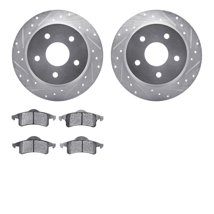 7202-42045 Drilled/Slotted Rotors w/Heavy-Duty Brake Pads Kit [Silver], 1999-2004 Mopar, Position: Rear