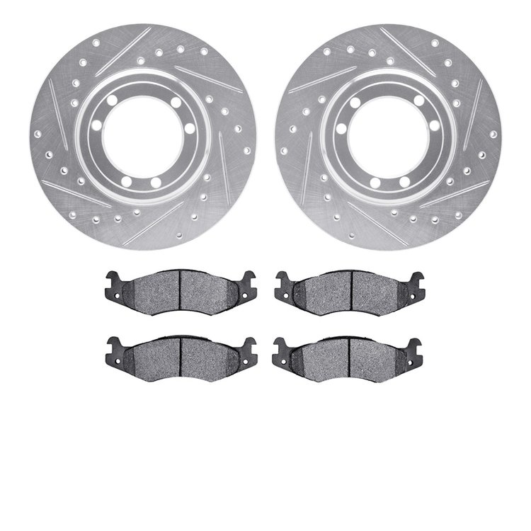 7202-44001 Drilled/Slotted Rotors w/Heavy-Duty Brake Pads Kit [Silver], 1992-2004 Mopar, Position: Front, Rear