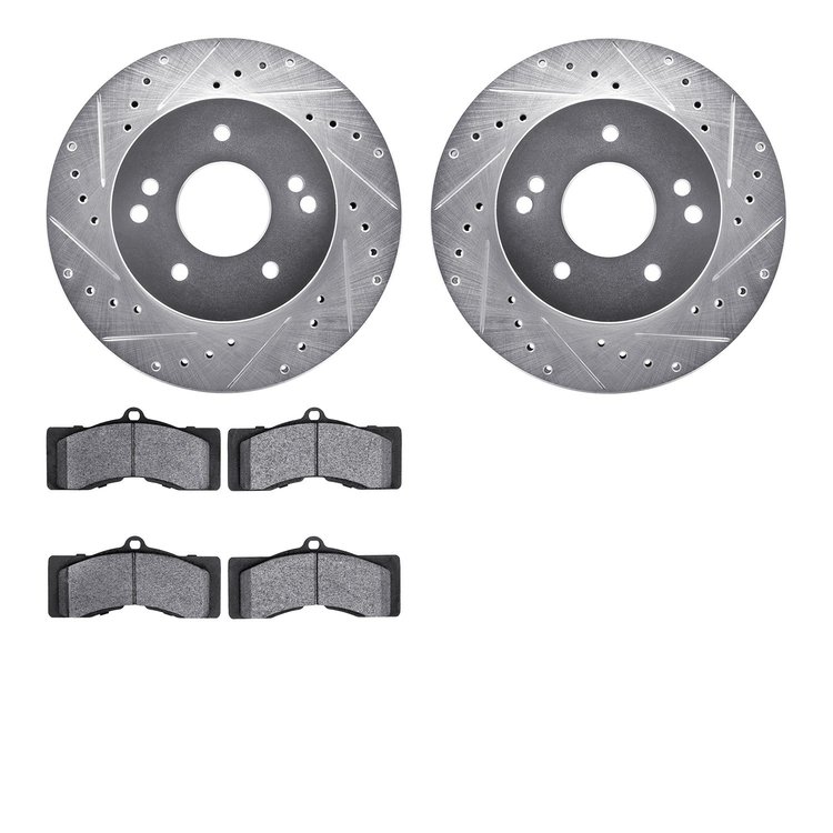7202-47023 Drilled/Slotted Rotors w/Heavy-Duty Brake Pads Kit [Silver], 1963-1982 GM, Position: Front, Rear