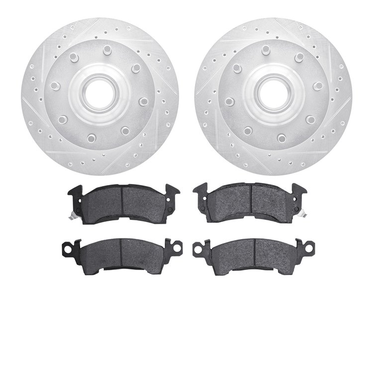 7202-48008 Drilled/Slotted Rotors w/Heavy-Duty Brake Pads Kit [Silver], 1971-1989 GM, Position: Front
