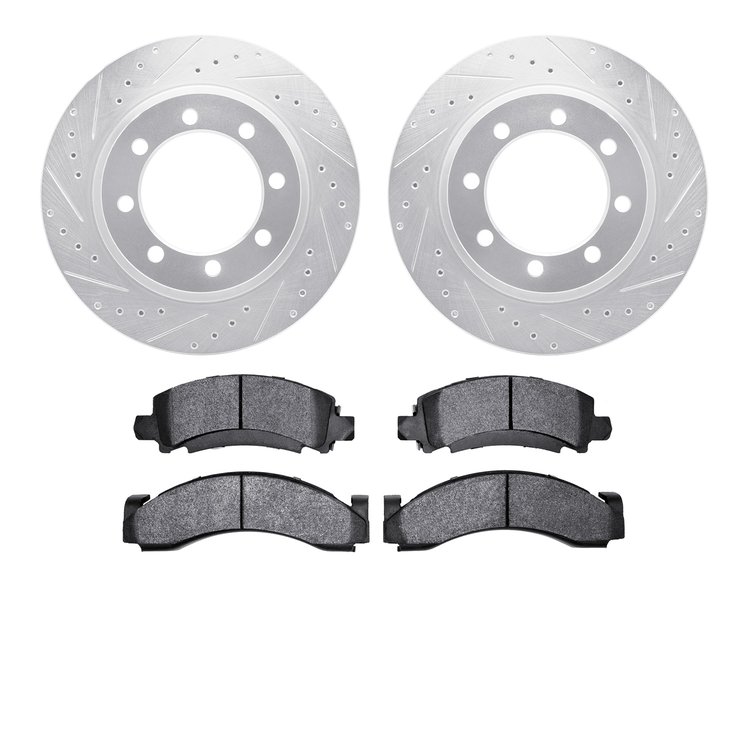 7202-48025 Drilled/Slotted Rotors w/Heavy-Duty Brake Pads Kit [Silver], 1976-1996 GM, Position: Front