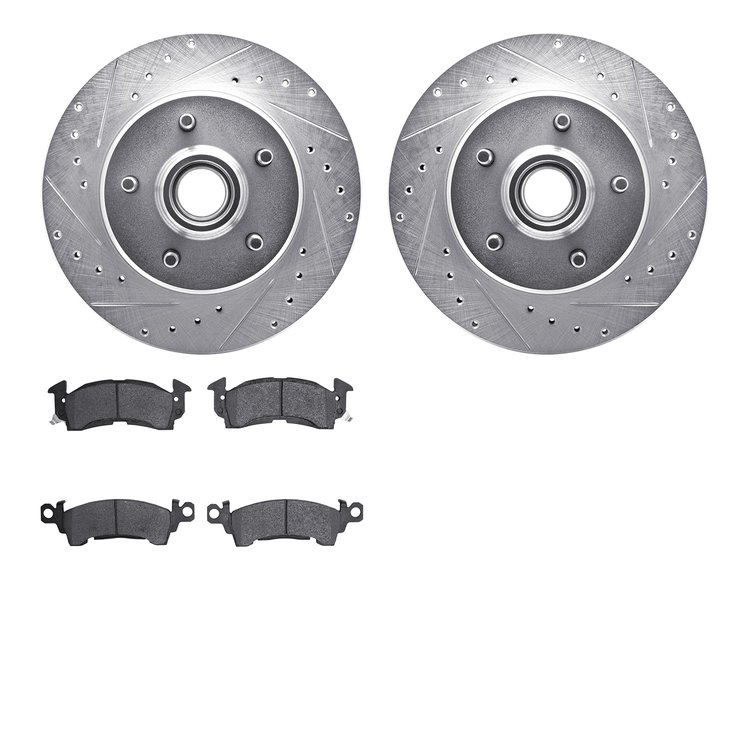 7202-48026 Drilled/Slotted Rotors w/Heavy-Duty Brake Pads Kit [Silver], 1990-2002 GM, Position: Front