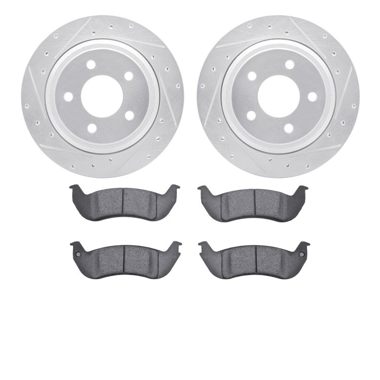 7202-54003 Drilled/Slotted Rotors w/Heavy-Duty Brake Pads Kit [Silver], 2010-2011 Ford/Lincoln/Mercury/Mazda, Position: Rear