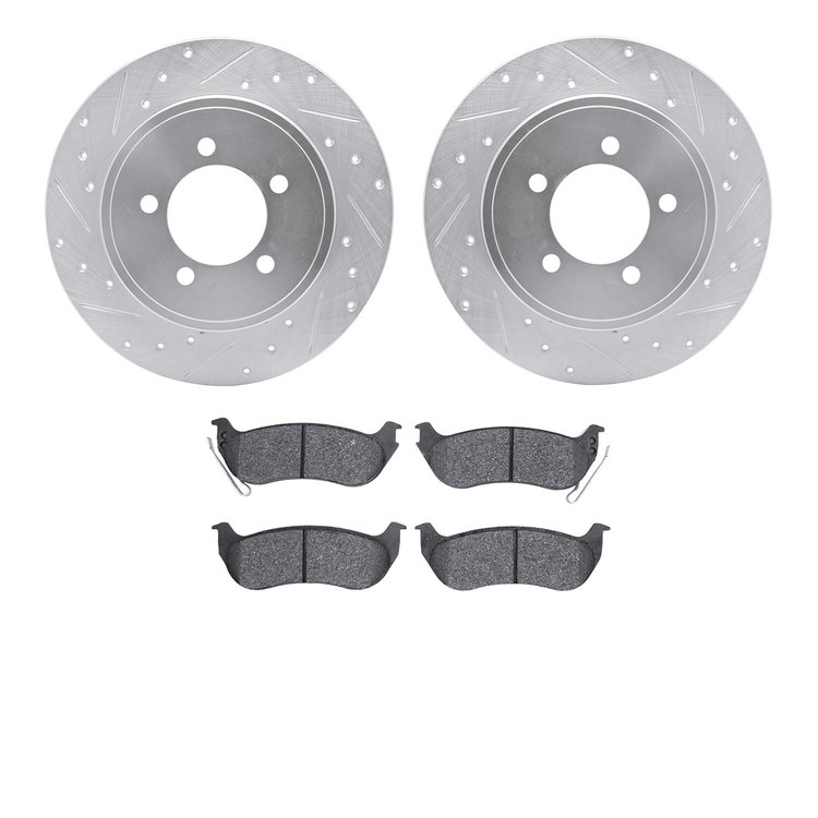 7202-54007 Drilled/Slotted Rotors w/Heavy-Duty Brake Pads Kit [Silver], 2006-2010 Ford/Lincoln/Mercury/Mazda, Position: Rear
