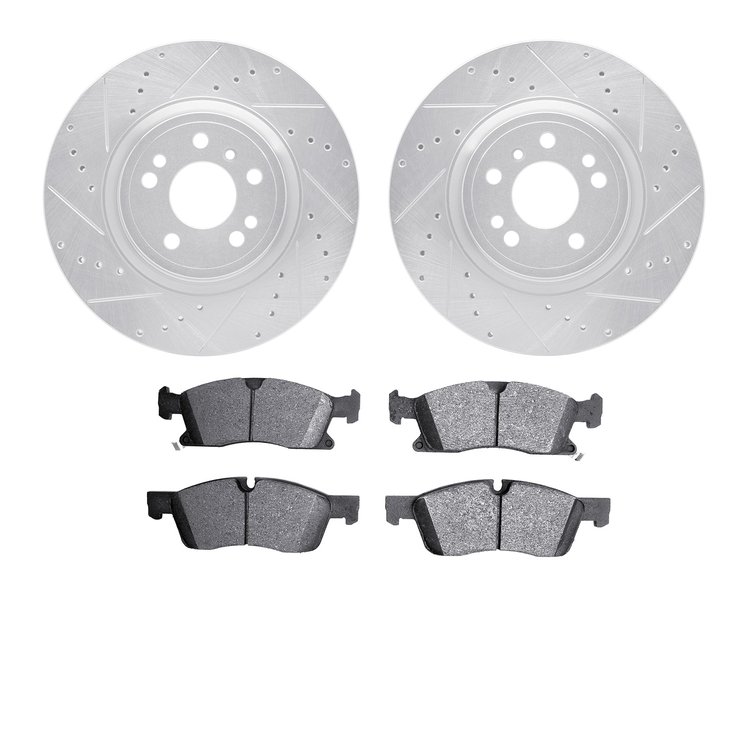 7202-63002 Drilled/Slotted Rotors w/Heavy-Duty Brake Pads Kit [Silver], 2012-2018 Mercedes-Benz, Position: Front