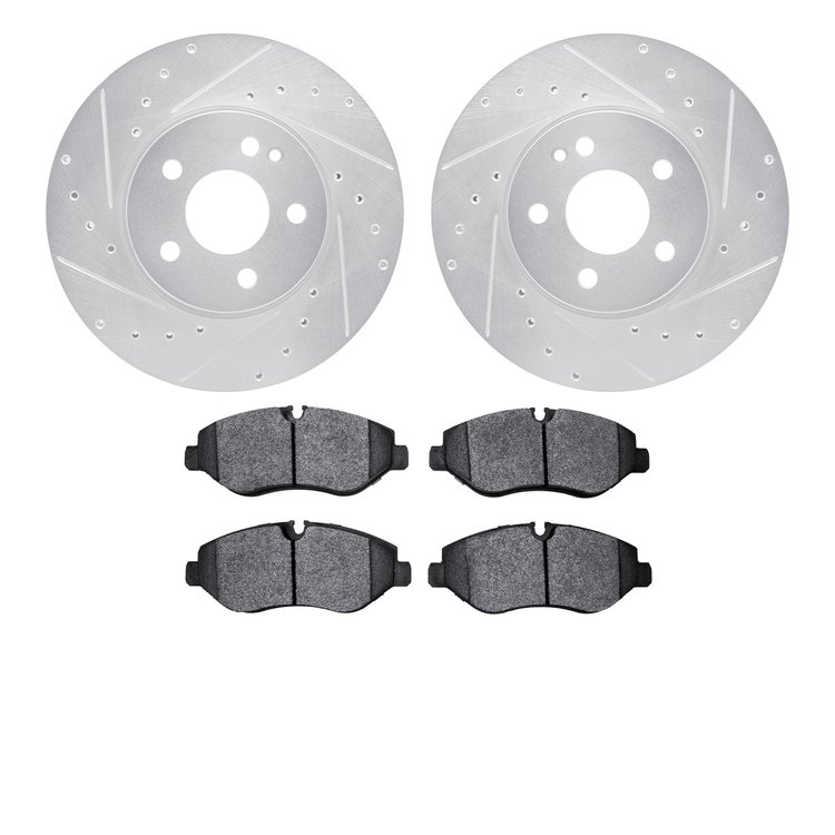 7202-63199 Drilled/Slotted Rotors w/Heavy-Duty Brake Pads Kit [Silver], Fits Select Mercedes-Benz, Position: Front