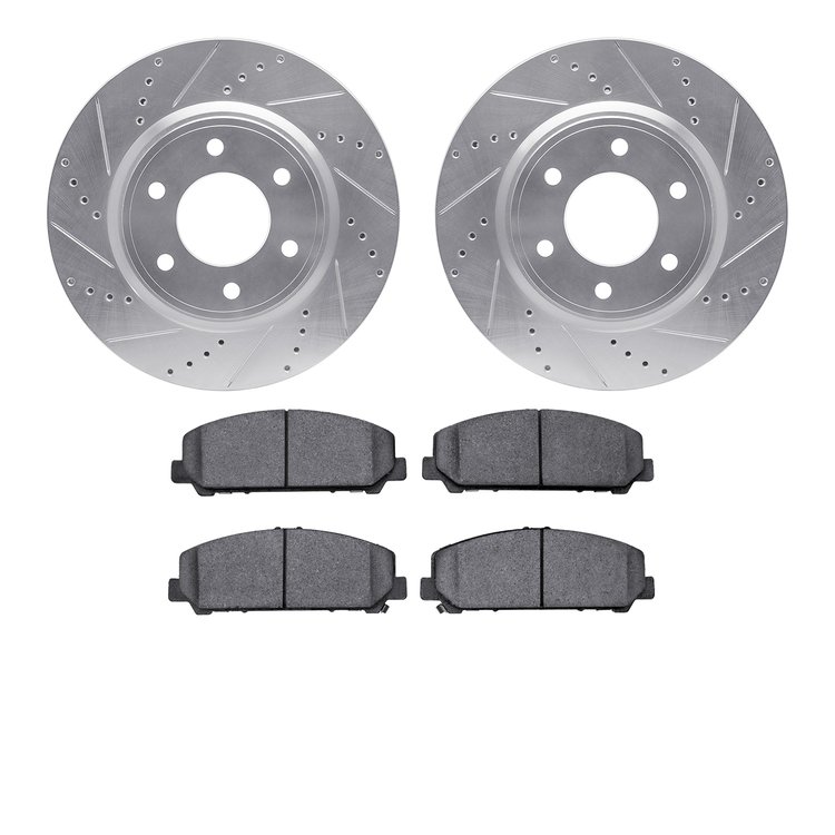 7202-68001 Drilled/Slotted Rotors w/Heavy-Duty Brake Pads Kit [Silver], Fits Select Infiniti/Nissan, Position: Front