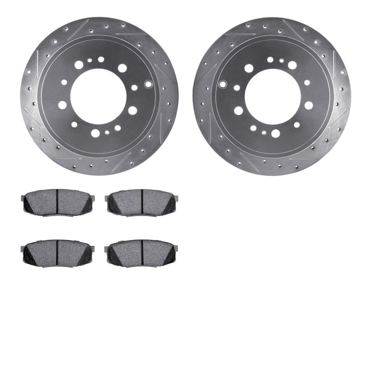 7202-76006 Drilled/Slotted Rotors w/Heavy-Duty Brake Pads Kit [Silver], Fits Select Lexus/Toyota/Scion, Position: Rear