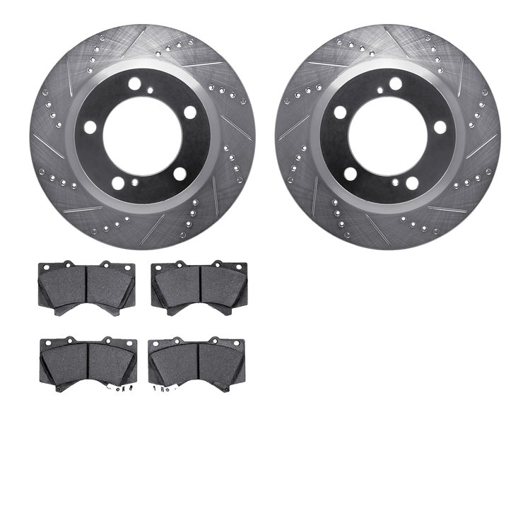 7202-76007 Drilled/Slotted Rotors w/Heavy-Duty Brake Pads Kit [Silver], 2008-2021 Lexus/Toyota/Scion, Position: Front