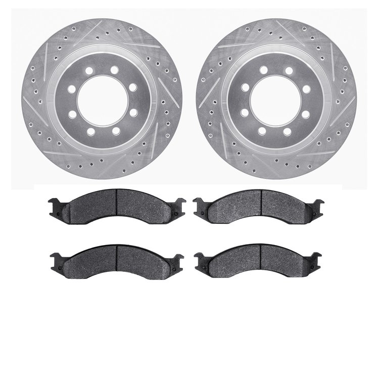7202-99084 Drilled/Slotted Rotors w/Heavy-Duty Brake Pads Kit [Silver], 1992-1994 Ford/Lincoln/Mercury/Mazda, Position: Front