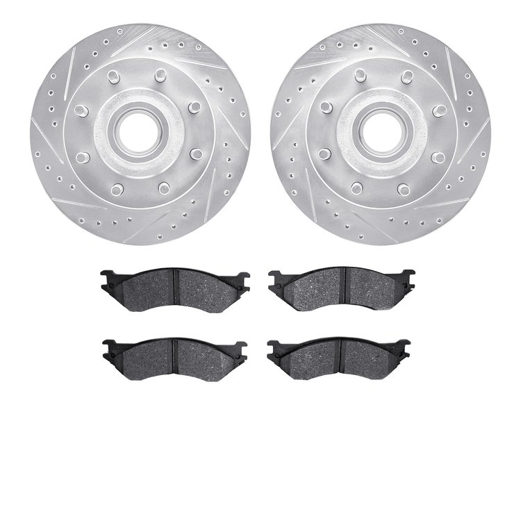 7202-99114 Drilled/Slotted Rotors w/Heavy-Duty Brake Pads Kit [Silver], 2000-2004 Ford/Lincoln/Mercury/Mazda, Position: Front