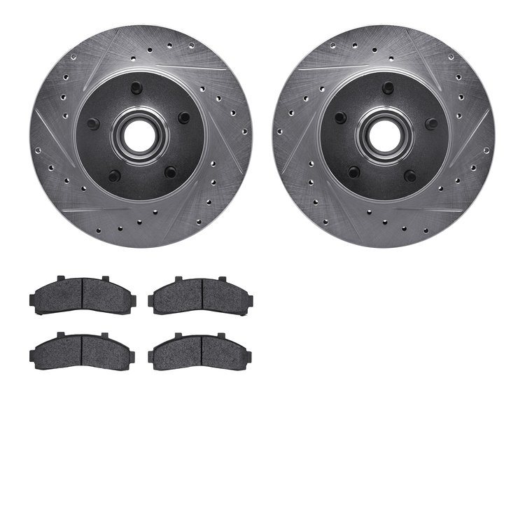 7202-99120 Drilled/Slotted Rotors w/Heavy-Duty Brake Pads Kit [Silver], 1995-2002 Ford/Lincoln/Mercury/Mazda, Position: Front