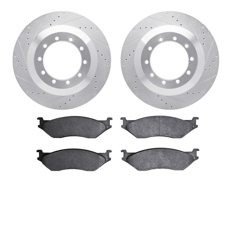 7202-99142 Drilled/Slotted Rotors w/Heavy-Duty Brake Pads Kit [Silver], 1999-2004 Ford/Lincoln/Mercury/Mazda, Position: Rear, Fr
