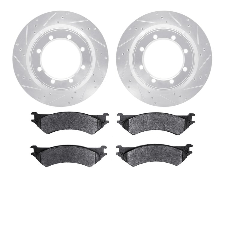 7202-99154 Drilled/Slotted Rotors w/Heavy-Duty Brake Pads Kit [Silver], 1999-2007 Ford/Lincoln/Mercury/Mazda, Position: Rear