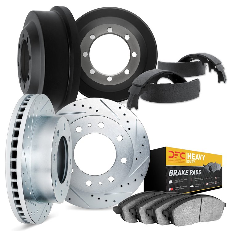 7204-40176 Drilled/Slotted Rotors w/Heavy-Duty Brake Pads/Drums & Shoes Kit [Silver], 2000-2000 Mopar, Position: Front and Rear