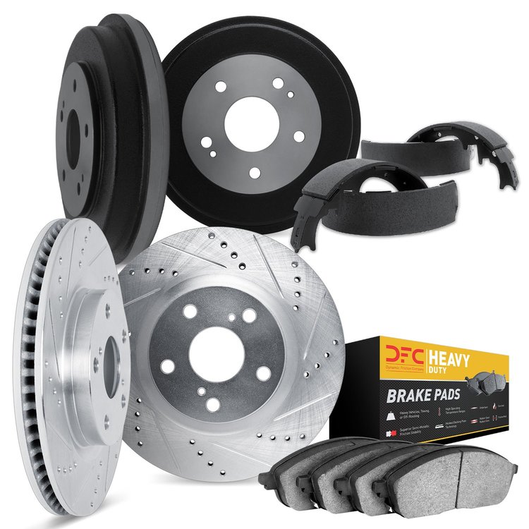 7204-47030 Drilled/Slotted Rotors w/Heavy-Duty Brake Pads/Drums & Shoes Kit [Silver], 1978-1990 GM, Position: Front and Rear
