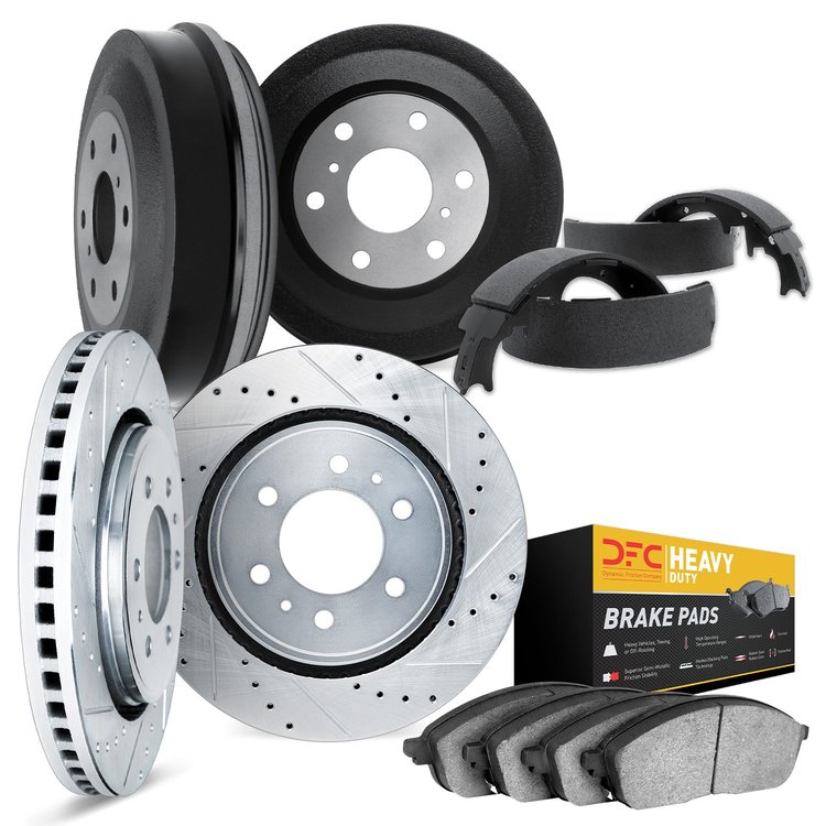 7204-48055 Drilled/Slotted Rotors w/Heavy-Duty Brake Pads/Drums & Shoes Kit [Silver], 2005-2007 GM, Position: Front and Rear