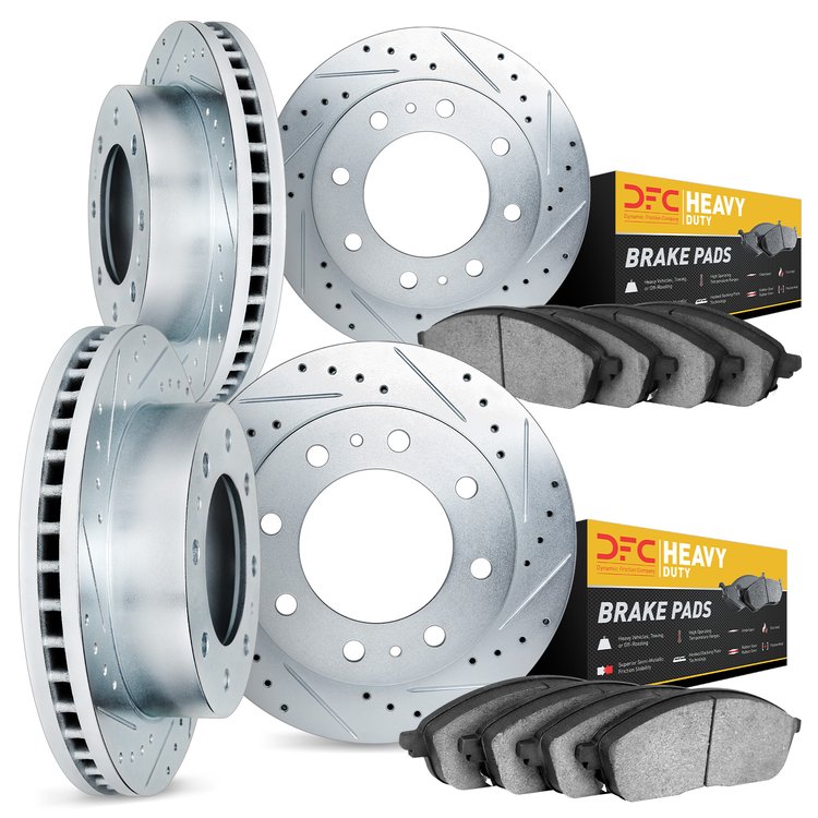 7204-48146 Drilled/Slotted Rotors w/Heavy-Duty Brake Pads Kit [Silver], 2001-2010 GM, Position: Front and Rear