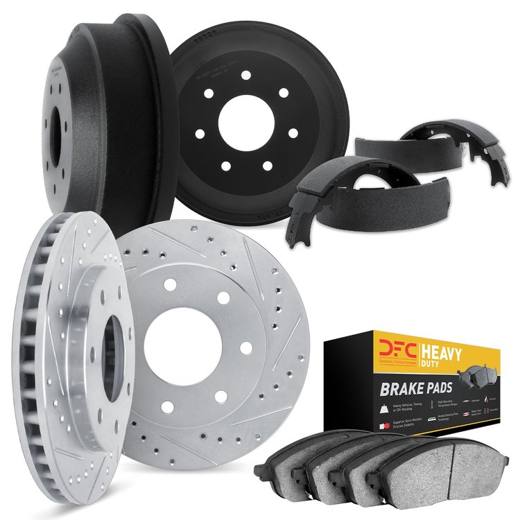7204-54216 Drilled/Slotted Rotors w/Heavy-Duty Brake Pads/Drums & Shoes Kit [Silver], 1997-2004 Ford/Lincoln/Mercury/Mazda, Posi