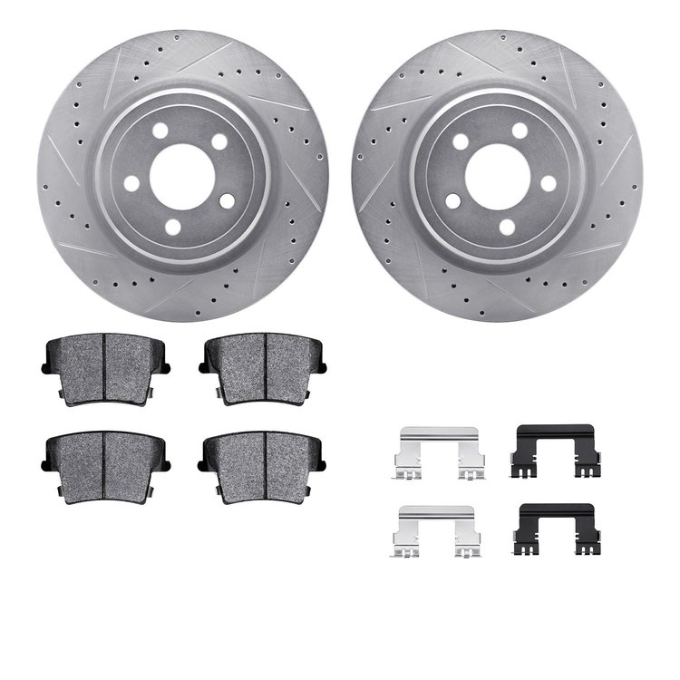 7212-39047 Drilled/Slotted Rotors w/Heavy-Duty Brake Pads Kit & Hardware [Silver], 2006-2014 Mopar, Position: Rear