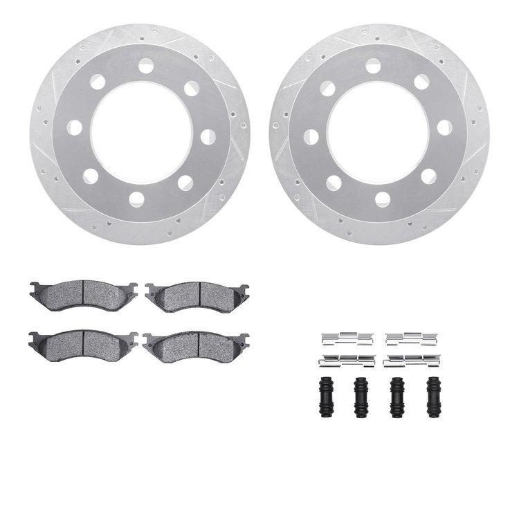 7212-40161 Drilled/Slotted Rotors w/Heavy-Duty Brake Pads Kit & Hardware [Silver], 2000-2002 Mopar, Position: Rear