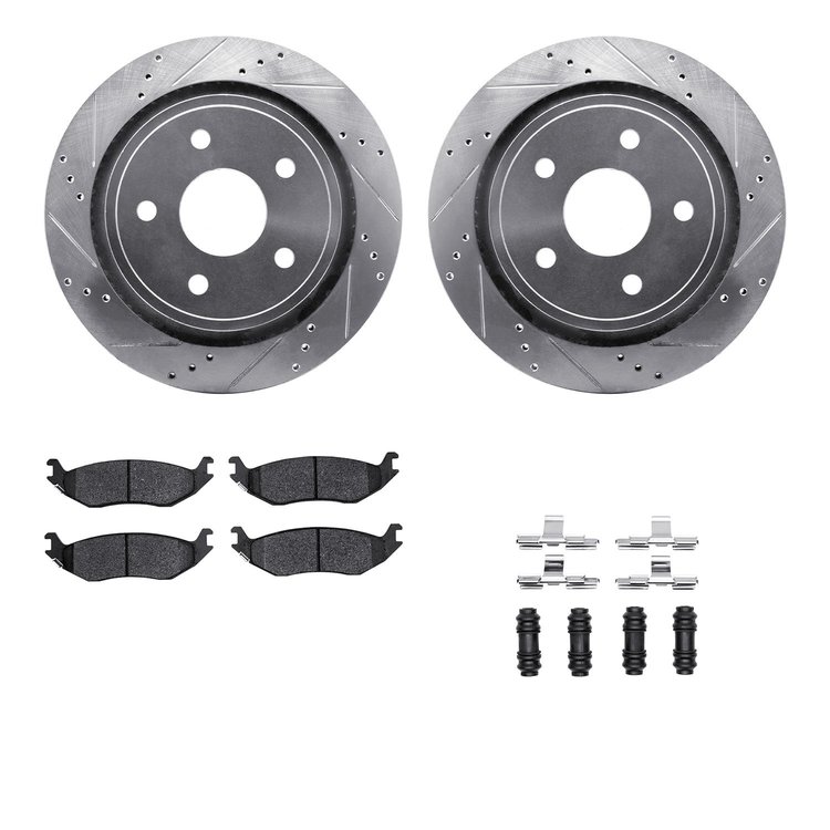 7212-40164 Drilled/Slotted Rotors w/Heavy-Duty Brake Pads Kit & Hardware [Silver], 2002-2018 Mopar, Position: Rear