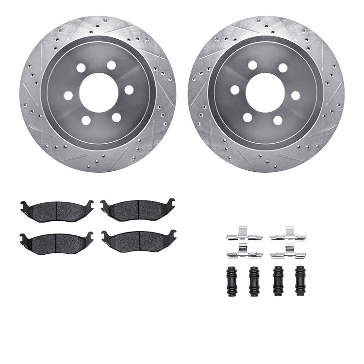 7212-40170 Drilled/Slotted Rotors w/Heavy-Duty Brake Pads Kit & Hardware [Silver], 2003-2003 Mopar, Position: Rear