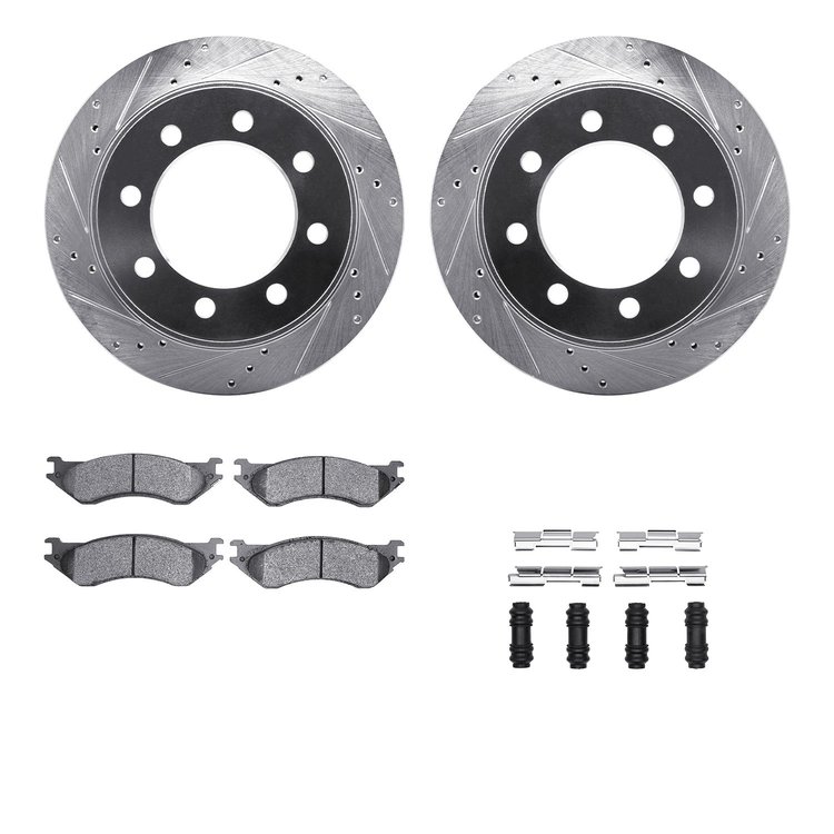 7212-40172 Drilled/Slotted Rotors w/Heavy-Duty Brake Pads Kit & Hardware [Silver], 2003-2008 Mopar, Position: Rear
