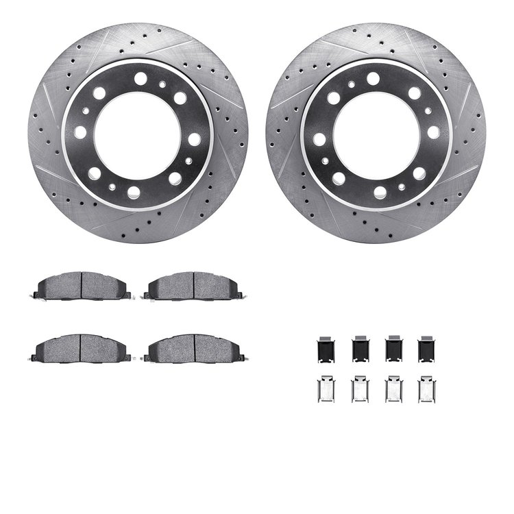 7212-40193 Drilled/Slotted Rotors w/Heavy-Duty Brake Pads Kit & Hardware [Silver], 2009-2018 Mopar, Position: Rear