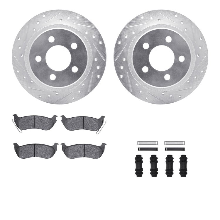 7212-42005 Drilled/Slotted Rotors w/Heavy-Duty Brake Pads Kit & Hardware [Silver], 2003-2007 Mopar, Position: Rear