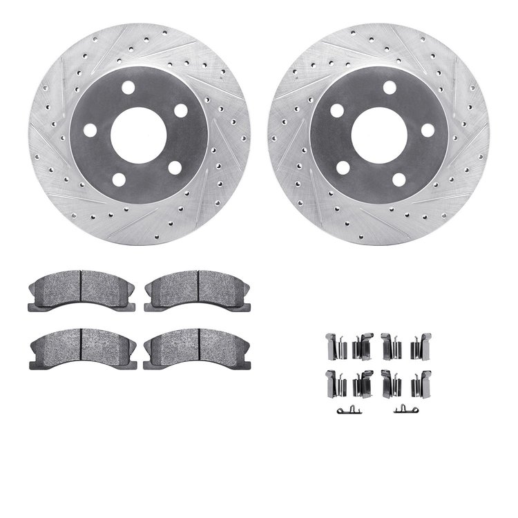 7212-42096 Drilled/Slotted Rotors w/Heavy-Duty Brake Pads Kit & Hardware [Silver], 1999-2004 Mopar, Position: Front