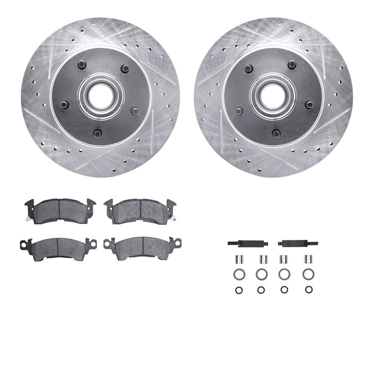 7212-47017 Drilled/Slotted Rotors w/Heavy-Duty Brake Pads Kit & Hardware [Silver], 1970-1981 GM, Position: Front