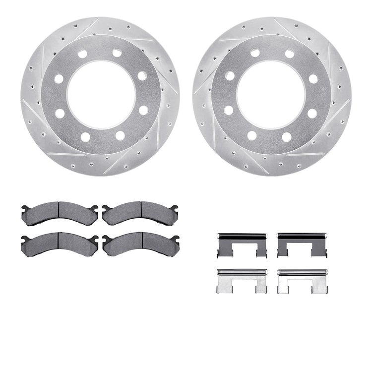 7212-48017 Drilled/Slotted Rotors w/Heavy-Duty Brake Pads Kit & Hardware [Silver], 2001-2010 GM, Position: Rear
