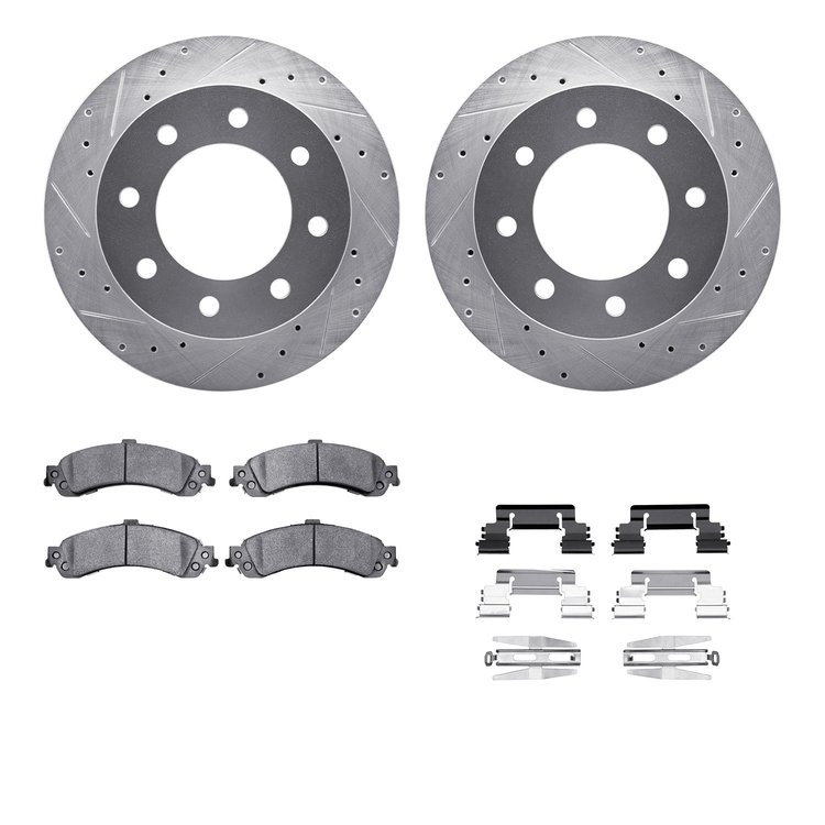 7212-48024 Drilled/Slotted Rotors w/Heavy-Duty Brake Pads Kit & Hardware [Silver], 2005-2005 GM, Position: Rear