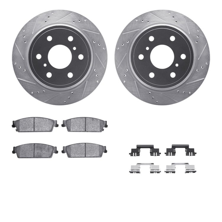 7212-48027 Drilled/Slotted Rotors w/Heavy-Duty Brake Pads Kit & Hardware [Silver], 2007-2014 GM, Position: Rear