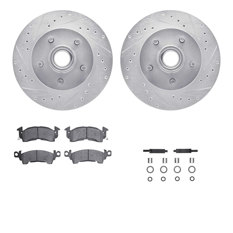 7212-48075 Drilled/Slotted Rotors w/Heavy-Duty Brake Pads Kit & Hardware [Silver], 1983-1992 GM, Position: Front