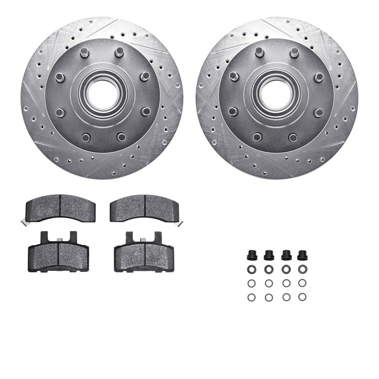7212-48099 Drilled/Slotted Rotors w/Heavy-Duty Brake Pads Kit & Hardware [Silver], 1992-2002 GM, Position: Front