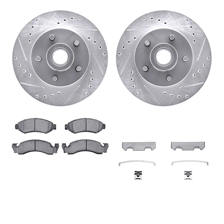 7212-54063 Drilled/Slotted Rotors w/Heavy-Duty Brake Pads Kit & Hardware [Silver], 1974-1979 Ford/Lincoln/Mercury/Mazda, Positio