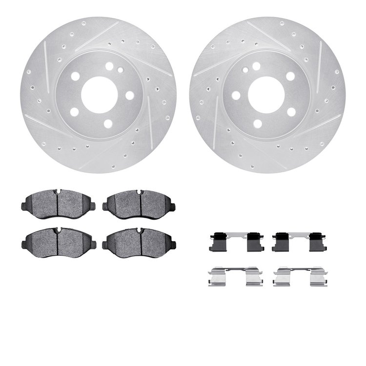 7212-63234 Drilled/Slotted Rotors w/Heavy-Duty Brake Pads Kit & Hardware [Silver], Fits Select Mercedes-Benz, Position: Front