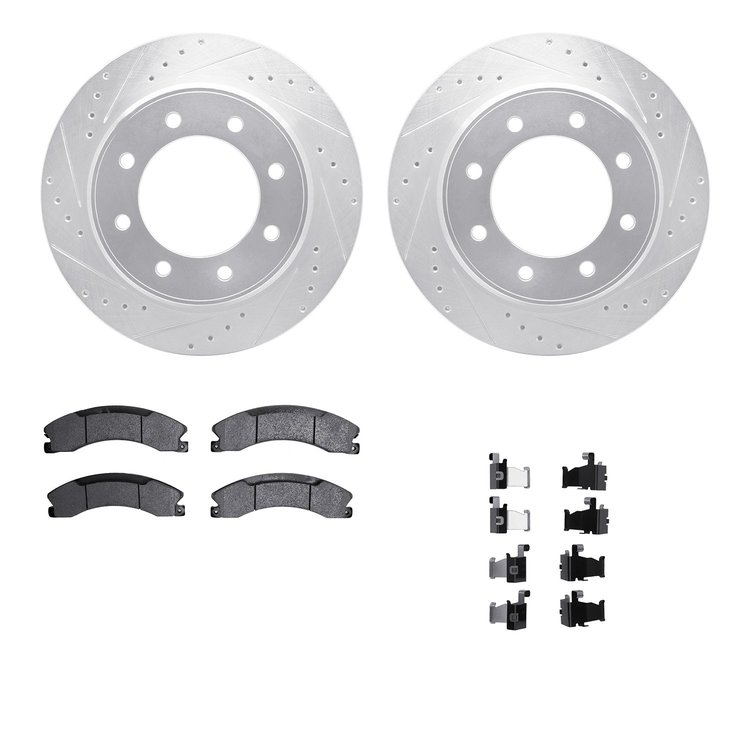 7212-67003 Drilled/Slotted Rotors w/Heavy-Duty Brake Pads Kit & Hardware [Silver], 2012-2021 Infiniti/Nissan, Position: Rear