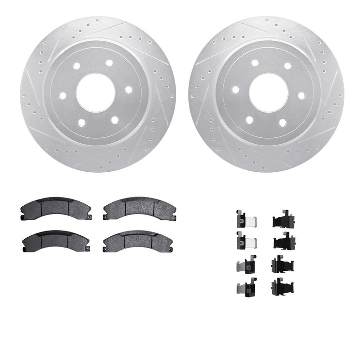 7212-67006 Drilled/Slotted Rotors w/Heavy-Duty Brake Pads Kit & Hardware [Silver], Fits Select Infiniti/Nissan, Position: Rear