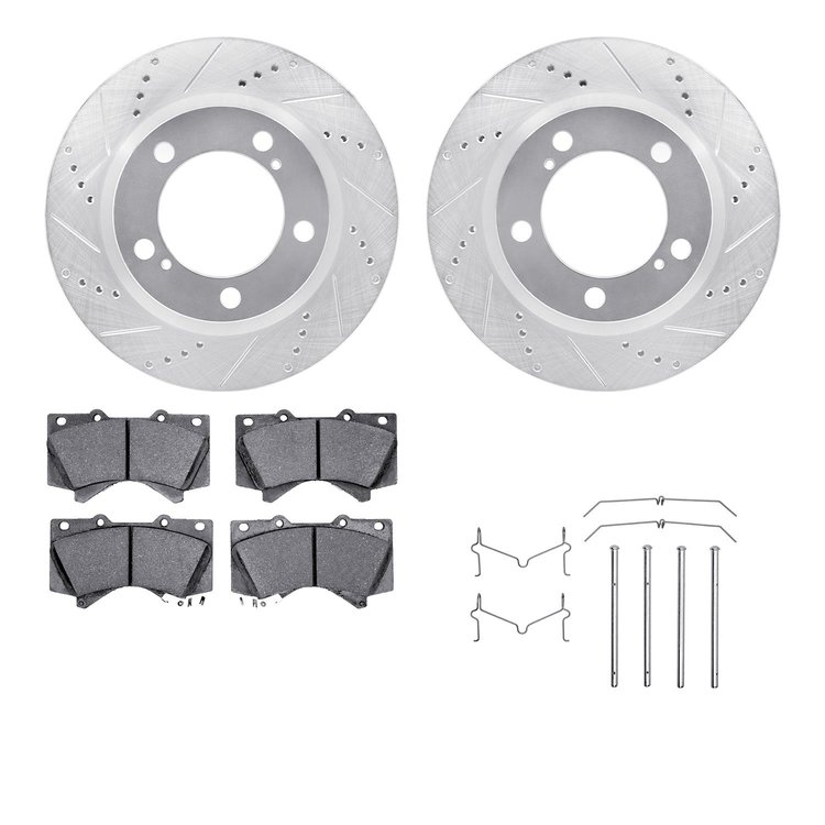 7212-76007 Drilled/Slotted Rotors w/Heavy-Duty Brake Pads Kit & Hardware [Silver], 2008-2021 Lexus/Toyota/Scion, Position: Front
