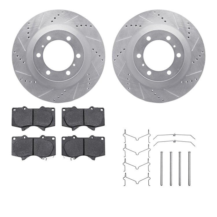 7212-76008 Drilled/Slotted Rotors w/Heavy-Duty Brake Pads Kit & Hardware [Silver], Fits Select Lexus/Toyota/Scion, Position: Fro