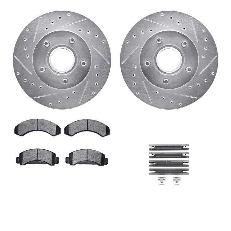7212-99095 Drilled/Slotted Rotors w/Heavy-Duty Brake Pads Kit & Hardware [Silver], 1983-1992 Ford/Lincoln/Mercury/Mazda, Positio