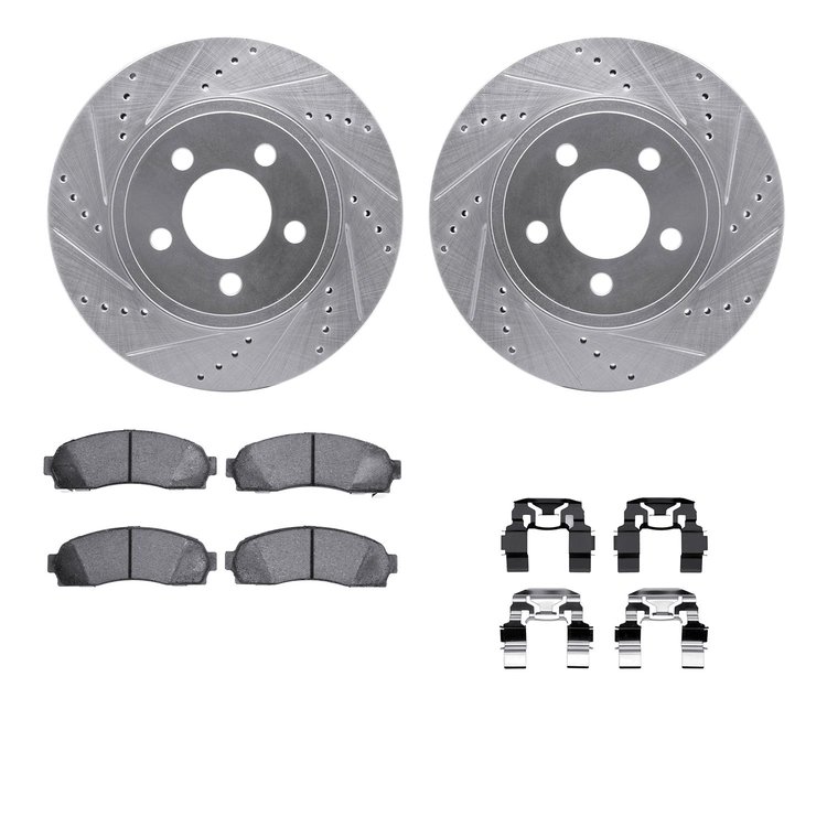 7212-99161 Drilled/Slotted Rotors w/Heavy-Duty Brake Pads Kit & Hardware [Silver], 2001-2005 Ford/Lincoln/Mercury/Mazda, Positio