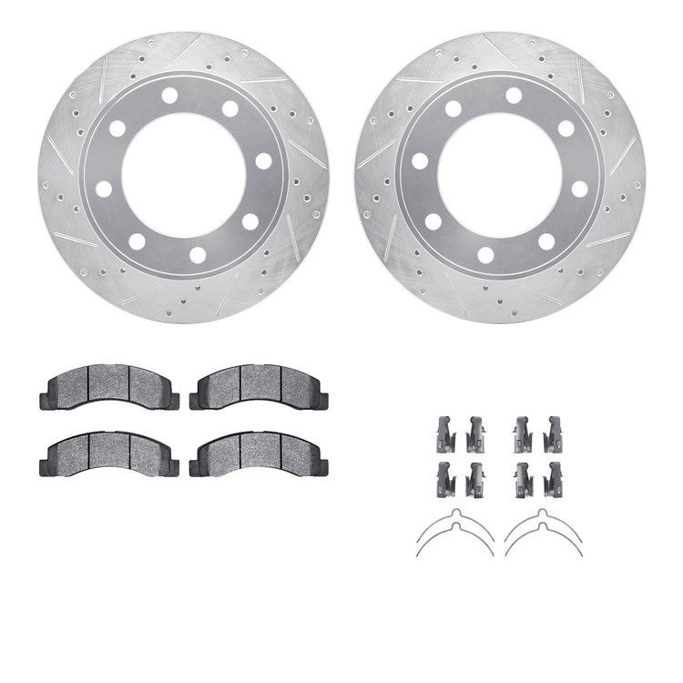7212-99168 Drilled/Slotted Rotors w/Heavy-Duty Brake Pads Kit & Hardware [Silver], 1999-2005 Ford/Lincoln/Mercury/Mazda, Positio