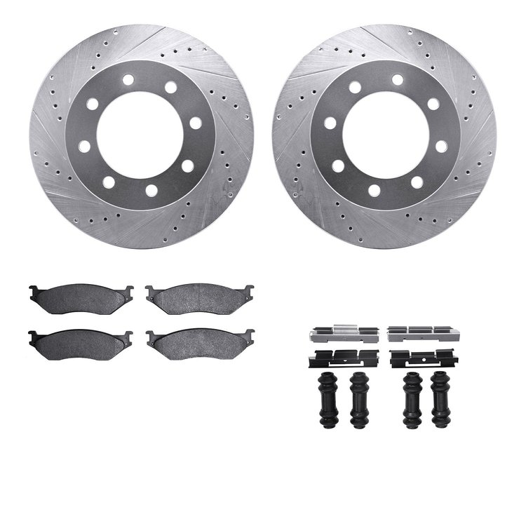 7212-99169 Drilled/Slotted Rotors w/Heavy-Duty Brake Pads Kit & Hardware [Silver], 1999-2005 Ford/Lincoln/Mercury/Mazda, Positio