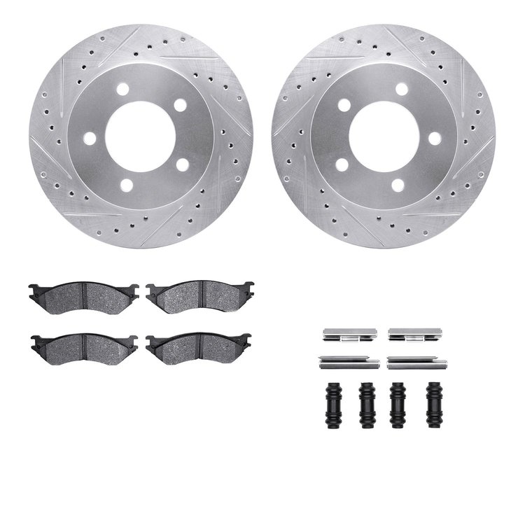 7212-99170 Drilled/Slotted Rotors w/Heavy-Duty Brake Pads Kit & Hardware [Silver], 1997-2002 Ford/Lincoln/Mercury/Mazda, Positio